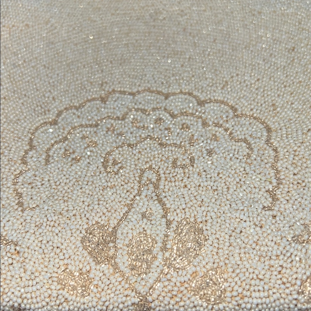Vintage Intricately Beaded Evening Bag Cream Beige Gold Seed Bead Paisley Bird - Picture 16 of 16